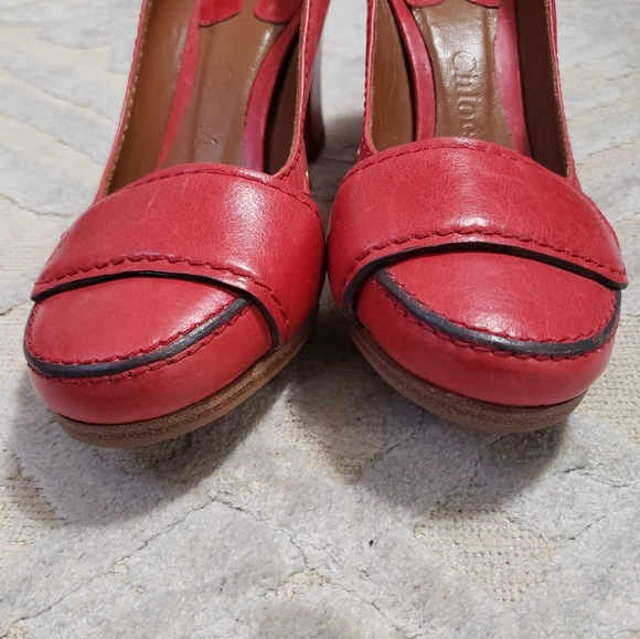 Chloe Red Leather Block Heel Pumps - Picture 7 of 7